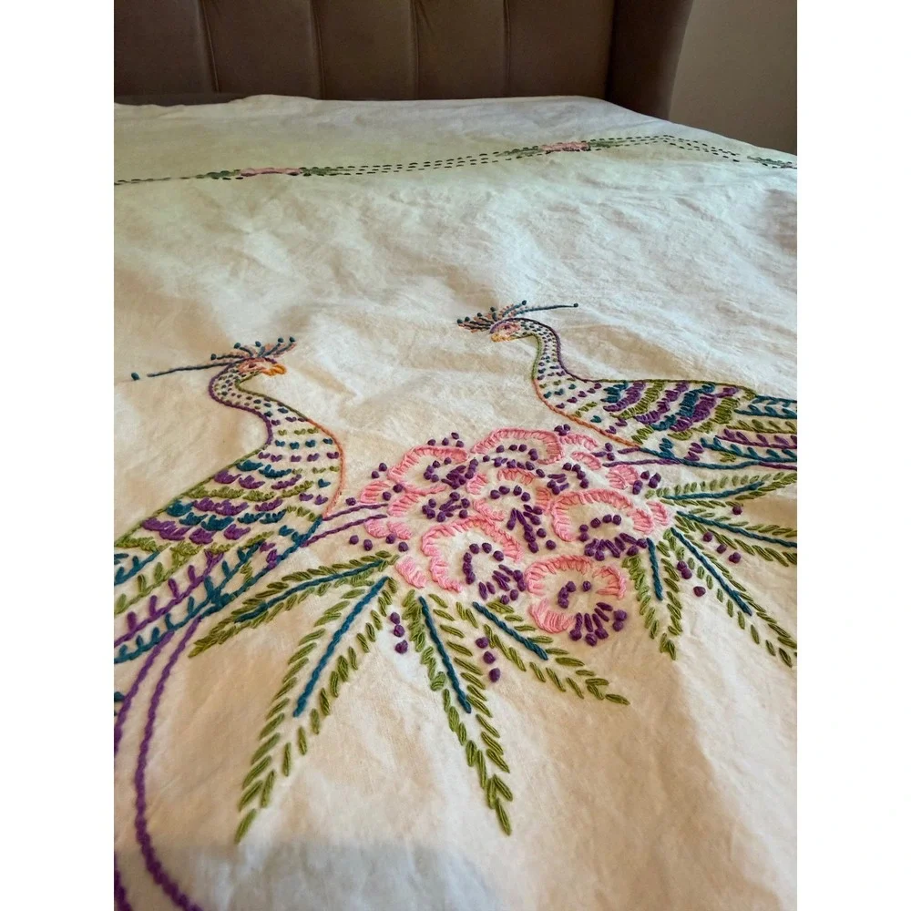 Vintage Hand Embroidered Peacock Bedspread Floral Coverlet Cream Bohemian 84x72